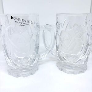 Home Beautiful Rose Pearls Crystal Glass Mugs Set of 2 Frosted Rose Etched Japan